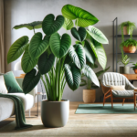 A vibrant, lush indoor space with a prominently featured Congo Green Philodendron, showcasing its large, glossy, heart-shaped leaves. The setting is a stylishly decorated room with modern furnishings, suggesting a cozy and inviting atmosphere.