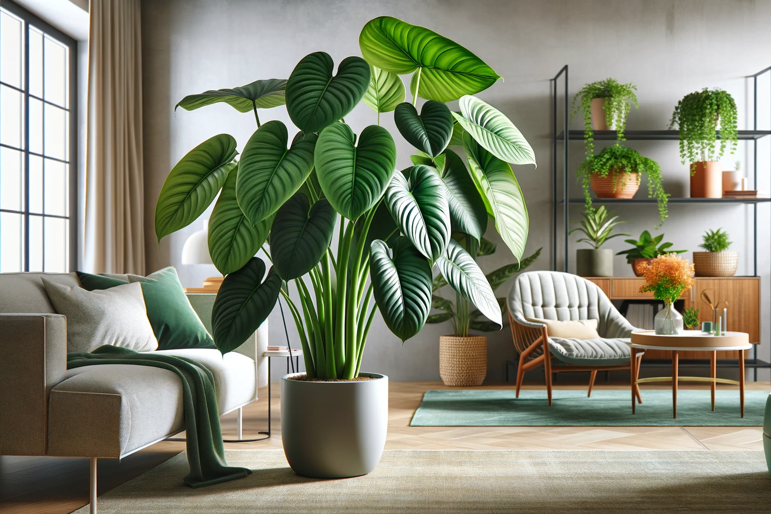 A vibrant, lush indoor space with a prominently featured Congo Green Philodendron, showcasing its large, glossy, heart-shaped leaves. The setting is a stylishly decorated room with modern furnishings, suggesting a cozy and inviting atmosphere.